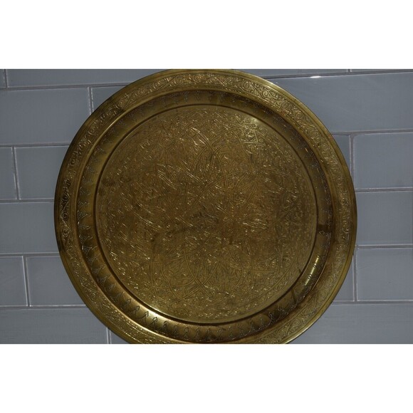 Vintage 1970Brass Tray MCM India etch design has wall mount 16" Diameter patina - Picture 2 of 12
